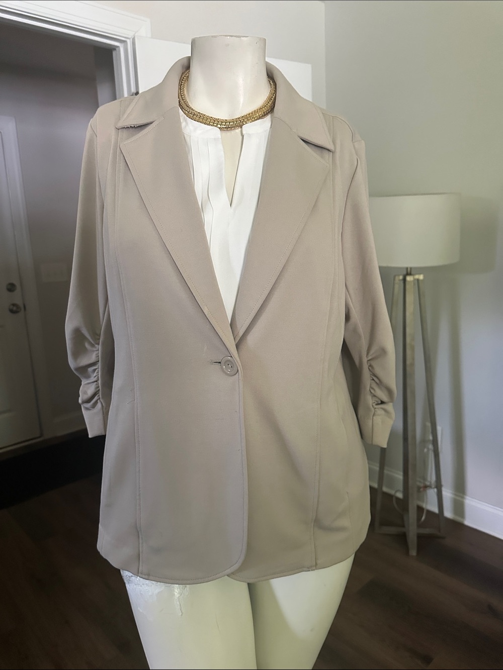 Susan Graver Neutral Taupe Single-Button Relaxed Blazer